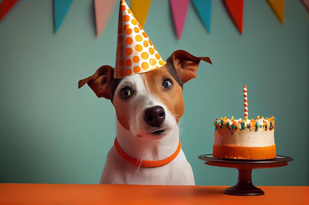 Simpatico cane alla sua festa di compleanno con una torta IA generativa