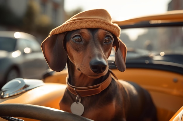 Simpatico cane bassotto di razza pura con cappello in sella a una decappottabile gialla e guardando fuori all'aperto divertente animale domestico seduto in macchina durante il viaggio Animal Generative AI