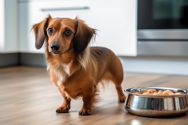 Simpatico cane bassotto in piedi accanto alla ciotola del cibo nella cucina di casa