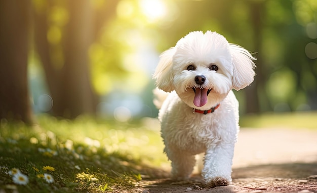 Simpatico cane bianco bichon frise che cammina nel parco estivo