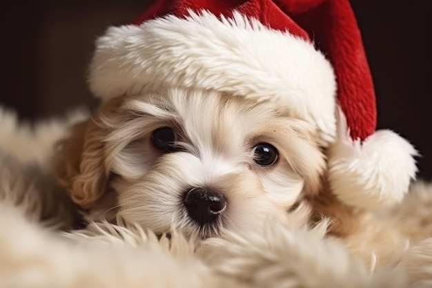 Simpatico cane bianco che indossa un cappello da Babbo Natale per Natale IA generativa