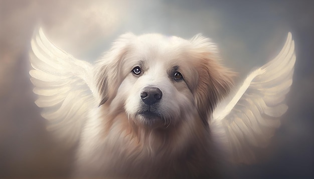 Simpatico cane bianco con le ali nel cielo come un concetto di paradiso del cane illustrazione dell'acquerello AI generativa