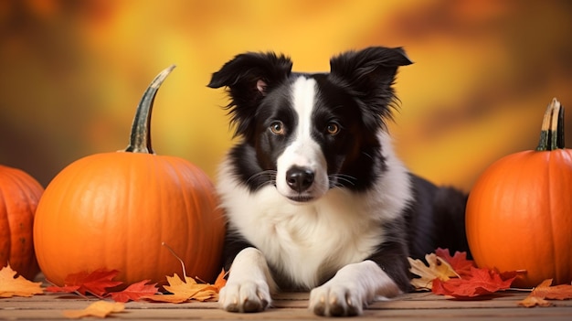 simpatico cane border collie che poggia la testa su una zucca cane che poggia la testa su un halloween