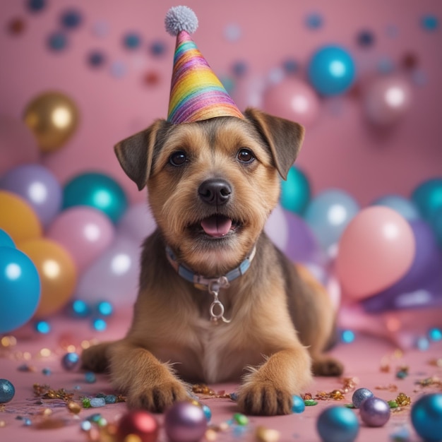 simpatico cane border terrier in un cappello da festa di compleanno con un'illustrazione colorata dello sfondo della festa