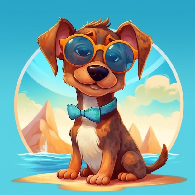 Simpatico cane cartone animato sulla spiaggia con occhiali da sole IA generativa