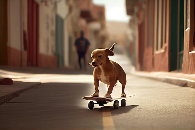 Simpatico cane che gioca a skateboard sulla strada