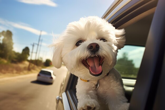 Simpatico cane che guarda fuori dal finestrino dell'auto AI Generato