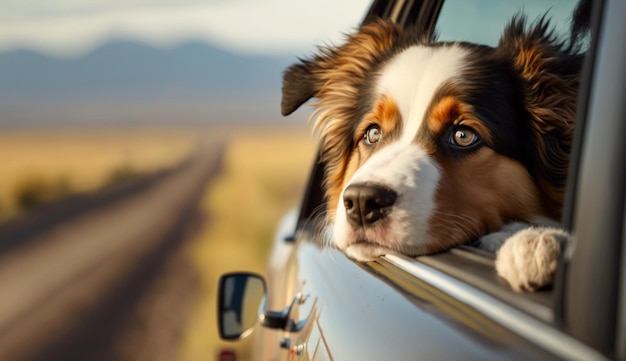 Simpatico cane che guarda fuori dal finestrino di un'auto IA generativa