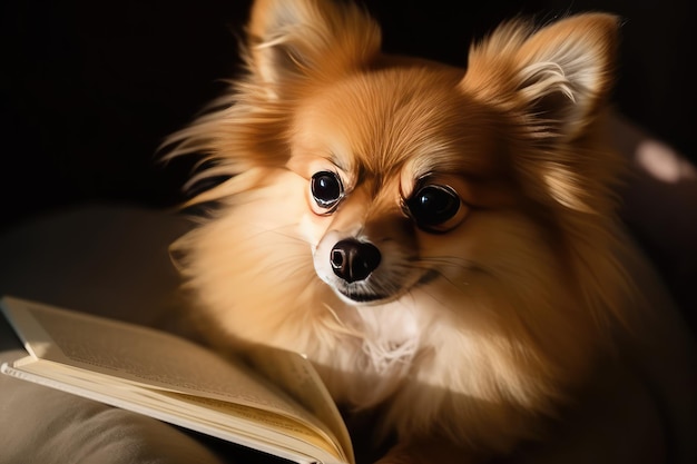 simpatico cane che legge un libro sul divano di casa IA generativa