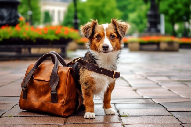 simpatico cane con borsa profondità di campo all'aperto