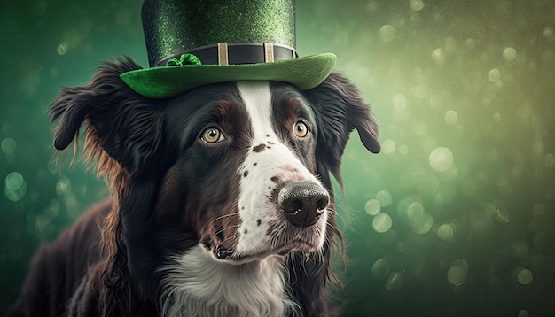 Simpatico cane con cappello verde per il giorno di San Patrizio su uno sfondo colorato sfocato IA generativa