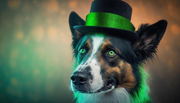 Simpatico cane con cappello verde per il giorno di San Patrizio su uno sfondo colorato sfocato IA generativa