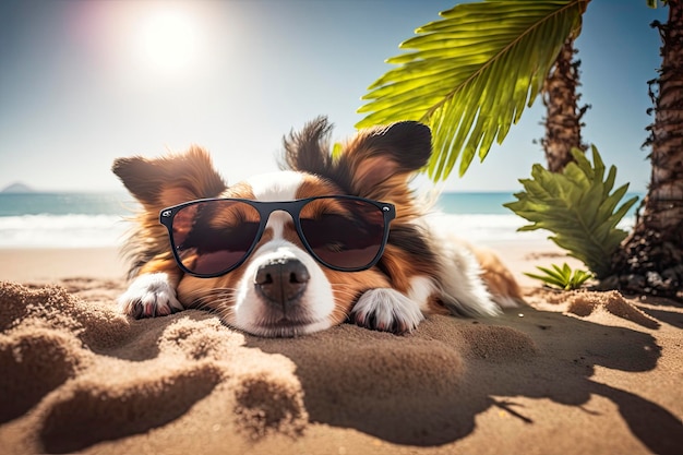 Simpatico cane con occhiali da sole che dorme sulla spiaggia con palme ai generative