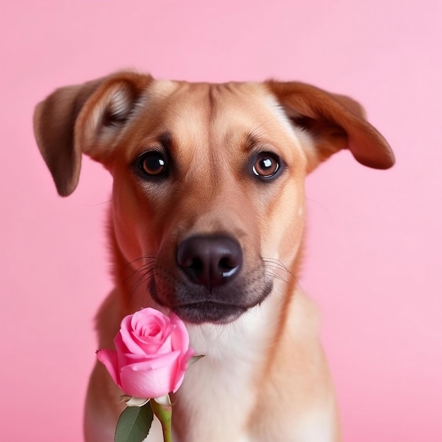 Simpatico cane con rosa rosa a San Valentino in cerca di amore e amicizia IA generativa