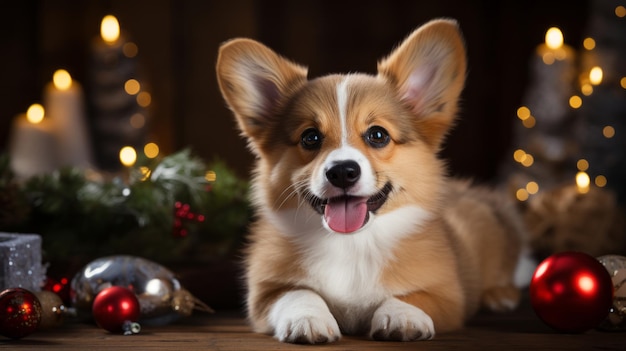 Simpatico cane corgi sullo sfondo di giocattoli di Natale e albero di Natale Cane sorridente