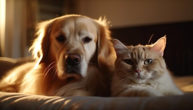 Simpatico cane da riporto di razza pura e gattino condividono il cuscino generato dall'intelligenza artificiale
