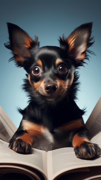 Simpatico cane divertente con giornale su sfondo a colori con spazio per la copia