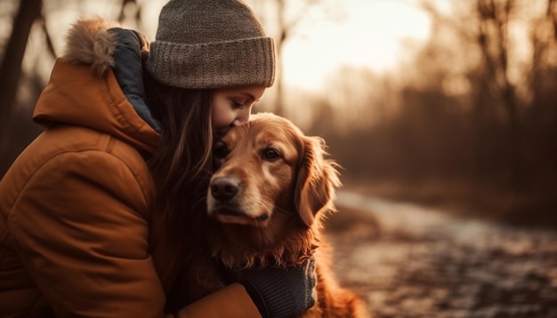 Simpatico cane e bambino che giocano nella foresta autunnale generata dall'intelligenza artificiale