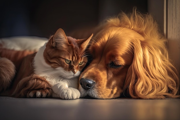 Simpatico cane e gatto che si coccolano sul pavimento di casa Amici inseparabili