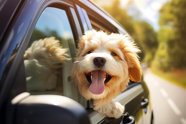 Simpatico cane felice che guarda fuori dal finestrino della macchina in modo generativo di Ai