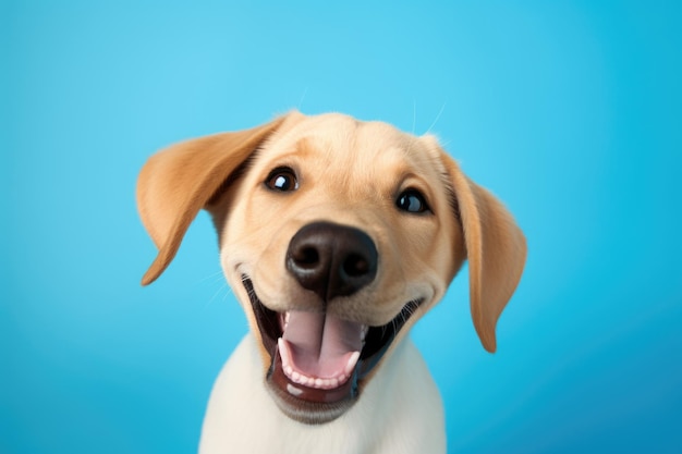 simpatico cane felice su sfondo blu generato dall'intelligenza artificiale