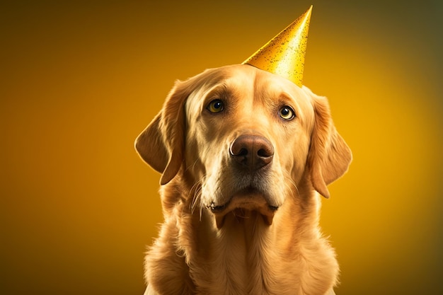 Simpatico cane gold retriever con cappello di compleanno su sfondo giallo