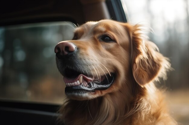 Simpatico cane golden retriever in auto primo piano AI generato