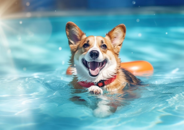 Simpatico cane in piscina IA generativa