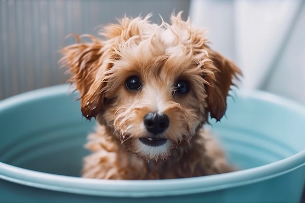 Simpatico cane nella vasca da bagno creato con l'intelligenza artificiale generativa