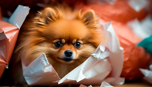 Simpatico cane Pomerania circondato da carta da regalo sgualcita