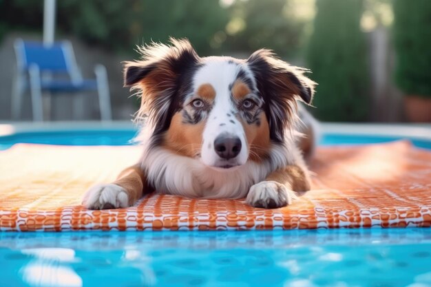 Simpatico cane sdraiato su un tappetino fresco all'aperto nella calda calura estiva AI Generato