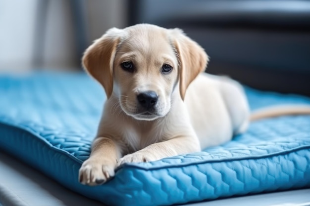 Simpatico cane sdraiato su un tappetino rinfrescante in una calda giornata a casa Generato dall'intelligenza artificiale