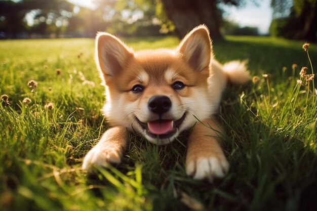 Simpatico cane sdraiato sull'erba verde IA generativa