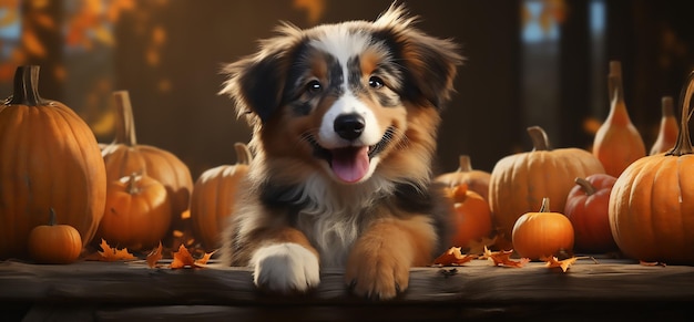 Simpatico cane seduto mentre ascolta con zucche e plaid in autunno Halloween felice Ringraziamento