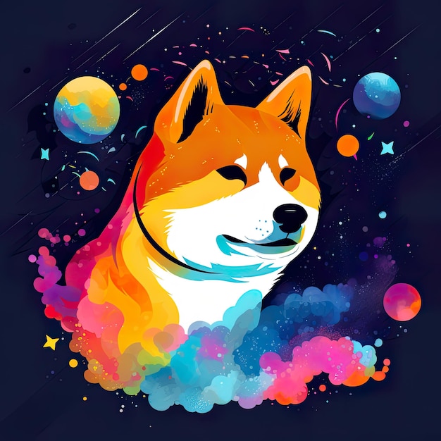 Simpatico cane shiba inu nello spazio AI illustrazione generativa
