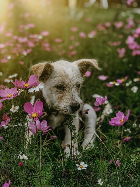 Simpatico cane tra i fiori