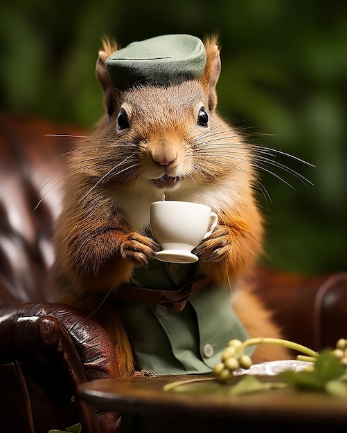 Simpatico cappello da scoiattolo bere caffè nelle foreste autunnali scoiattolo nel cappello