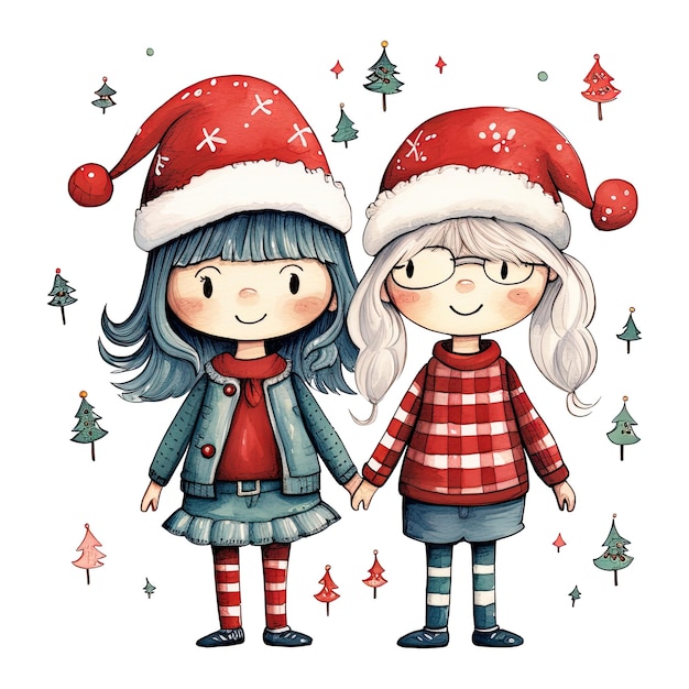 Simpatico cartone animato bambini Babbo Natale amici aiutante Buon Natale illustrazione acquerello isolato