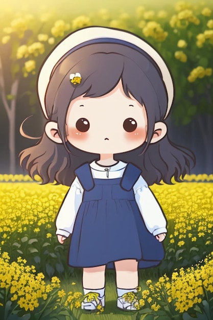 simpatico cartone animato bella ragazza in piedi in fiori gialli immagine calda sfondo per il desktop