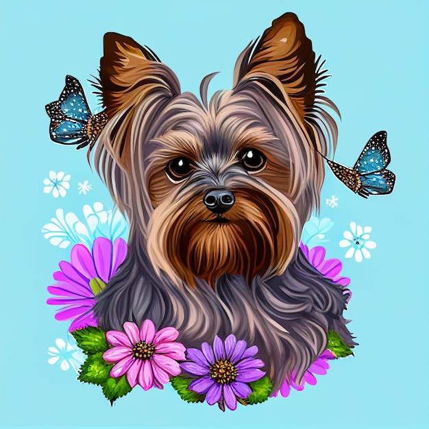 Simpatico cartone animato cane Yorkshire Terrier con fiori farfalla su sfondo blu