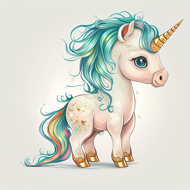 Simpatico cartone animato colorato unicorno Corno d'oro IA generativa