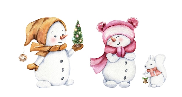 Simpatico cartone animato composizione di pupazzi di neve Illustrazione dei bambini dell'acquerello Natale inverno clipart Capodanno