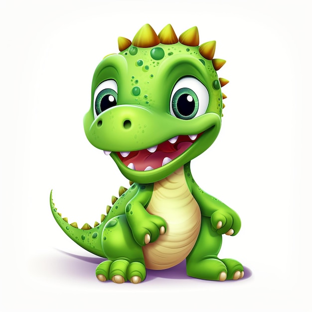 Simpatico cartone animato di dinosauro sorridente verde con sfondo bianco