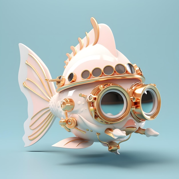 Simpatico cartone animato di pesci angelo 3d in cappello steampunk google glass