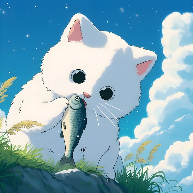Simpatico cartone animato gatto bianco e pesce su uno sfondo di cielo blu