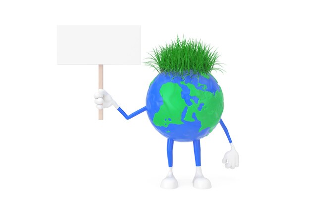 Simpatico cartone animato giocattolo plastilina argilla globo terrestre persona carattere con vuoto bianco banner vuoto con spazio libero per il tuo design su uno sfondo bianco. Rendering 3D