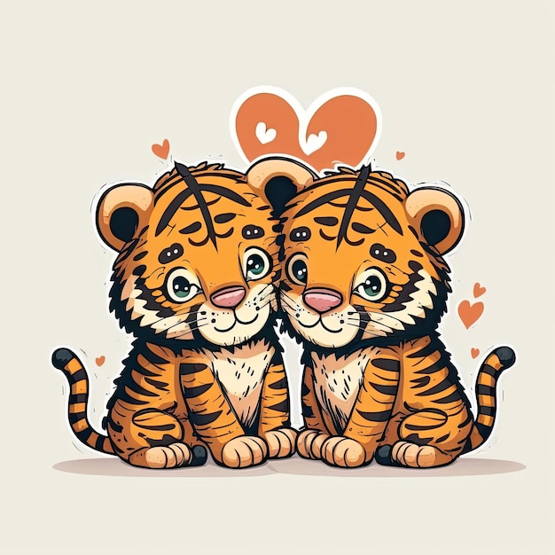 Simpatico cartone animato leoni arancioni innamorati su sfondo chiaro Illustrazione romantica Modello per il giorno di San Valentino IA generativa