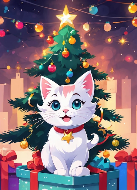 Simpatico cartone animato Natale Kitty Cat Illustration Biglietto di auguri