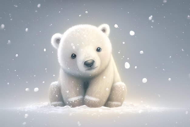 Simpatico cartone animato per bambini con orso polare da sogno nella neve inverno IA generativa Concetto di animale e paesaggio