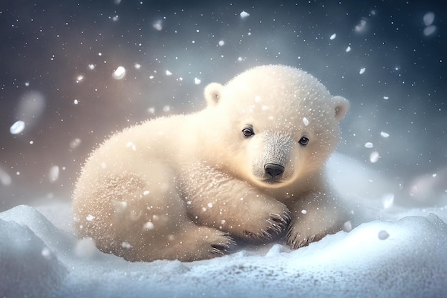 Simpatico cartone animato per bambini con orso polare da sogno nella neve inverno IA generativa Concetto di animale e paesaggio
